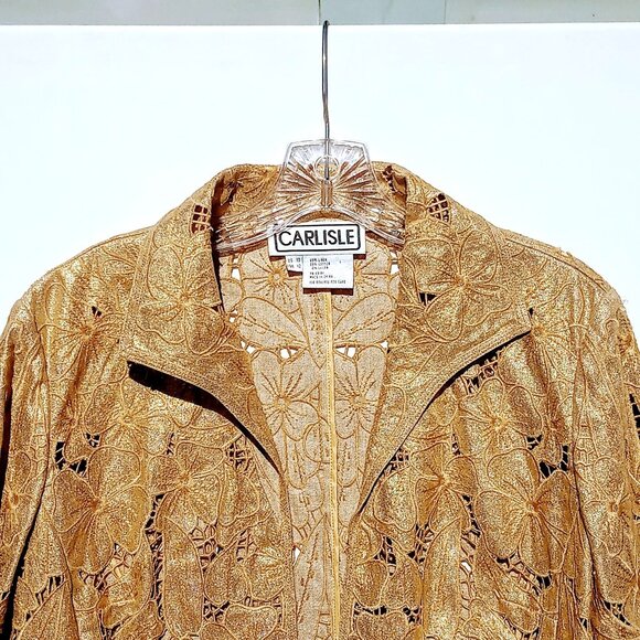Carlisle Women's Collar Blazer Size 10 Gold Floral Lace Linen Blend 3/4 Sleeves - Picture 2 of 11